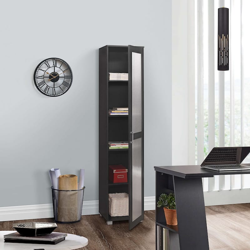 Tall Curio Storage Cabinet with Doors - 5 Storage Shelving & 1 Glass Door, Black - Black