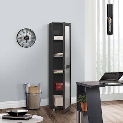 Tall Curio Storage Cabinet with Doors - 5 Storage Shelving & 1 Glass Door, Black