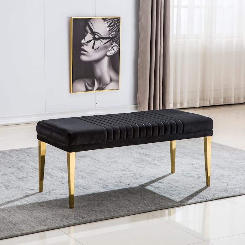 Modern Luxury Upholstered Bench Dining Room Channel Ottoman with Gold Stainless Steel Legs - Black