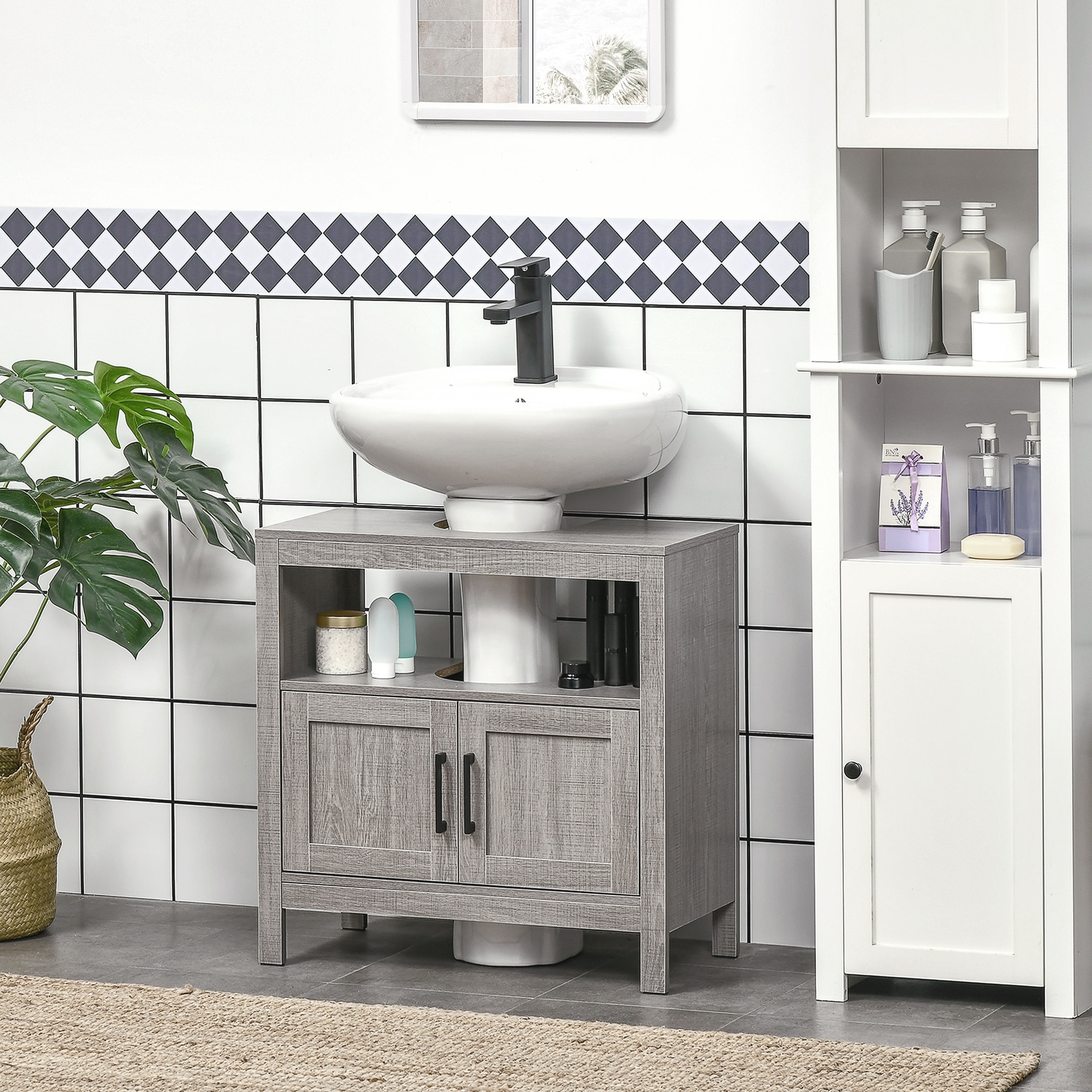 Pedestal Sink Storage Cabinet Gray Bathroom Floor Organizer with 2