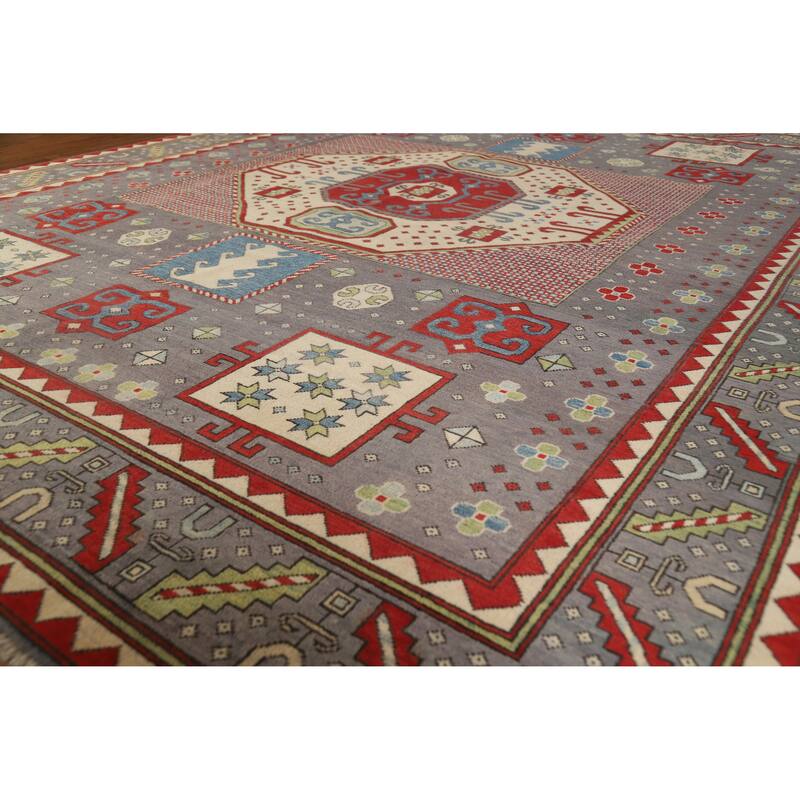 Hand Knotted Oriental 100% Wool Carpet Traditional Geometric Greys & Charcoal Kazak Area Rug - 10' 4'' X 8' 2''