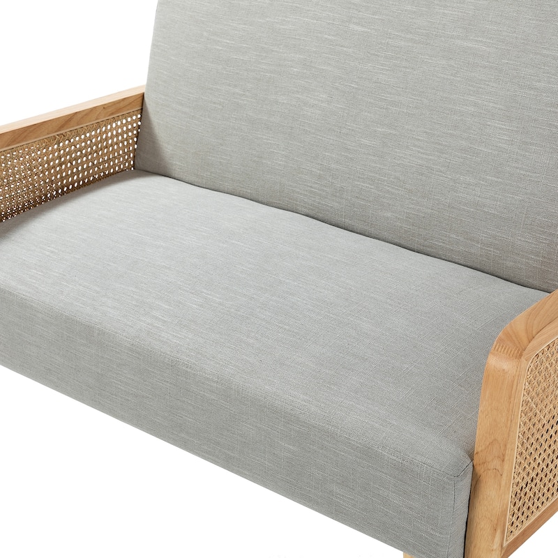 Sybil 43" Contemporary Solid Wood Upholstered Handcrafted Loveseat with Rattan Arms by HULALA HOME