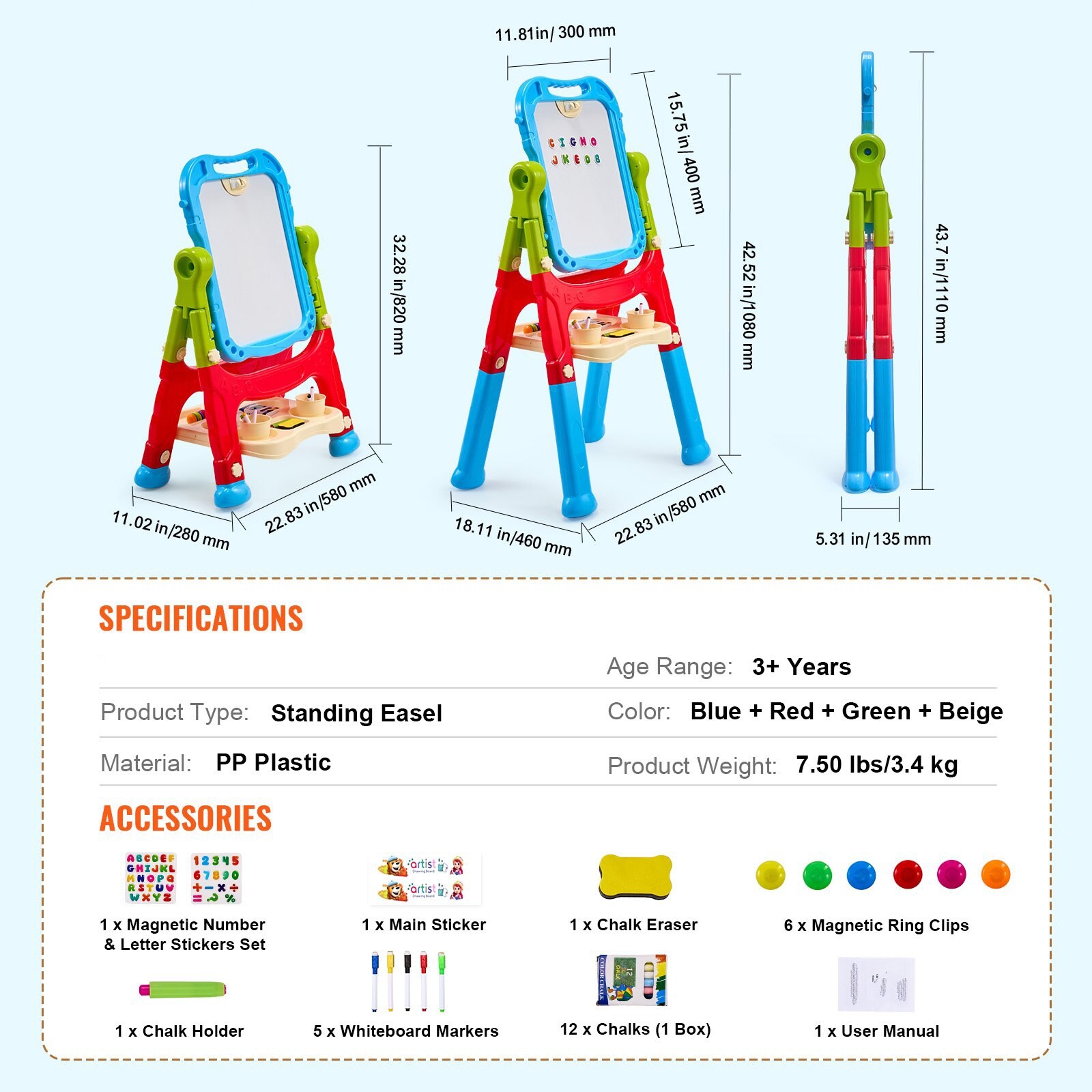 2-in-1 Plastic Kids Art Easel with Rotating Double-Sided Magnetic