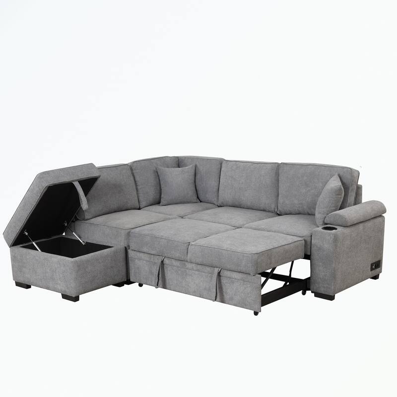 Modern 2 in 1 Pull Out sofa bed L Shape Couch with Storage Ottoman