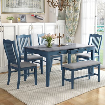 6 People Dining Table Set, 6 Piece Wood Dining Table Set with Storage Drawer, 4 Upholstered Dining Chair and Bench聽