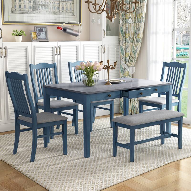 Rustic 6-Piece Wooden Dining Table Set with 4 Chairs & Bench - Antique Blue
