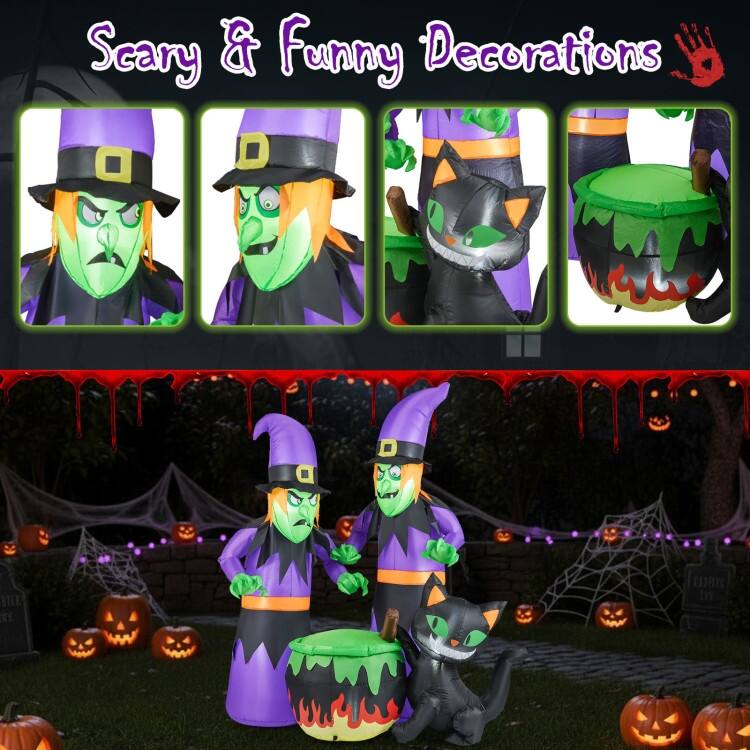 Multi-Color Polyester 6Ft Inflatable Halloween Witches with LED Lights and Black Cat