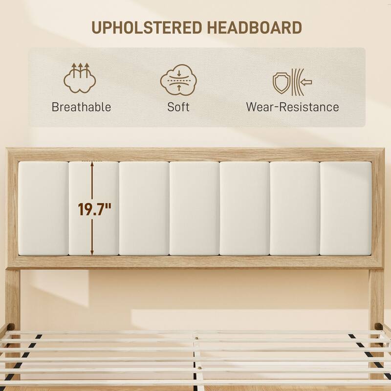 HOMCOM Queen Size Bed Frame with Upholstered Headboard, Platform Bed Frame with Wooden Slats, No Box Spring Needed