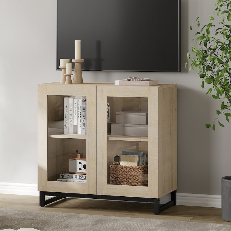 WAMPAT Modern TV Stand with Glass Doors for 110 inch TVs, Entertainment Center Console with Adjustable Shelves and Metal Base - 1PCS - Beige