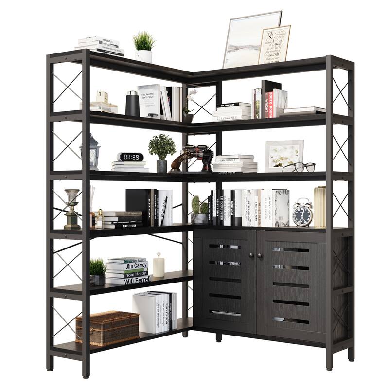 6-Shelf Corner Bookshelf, Vintage Industrial with Storage Cabinet, Large Bookcase Wooden - 6 Tier - Black