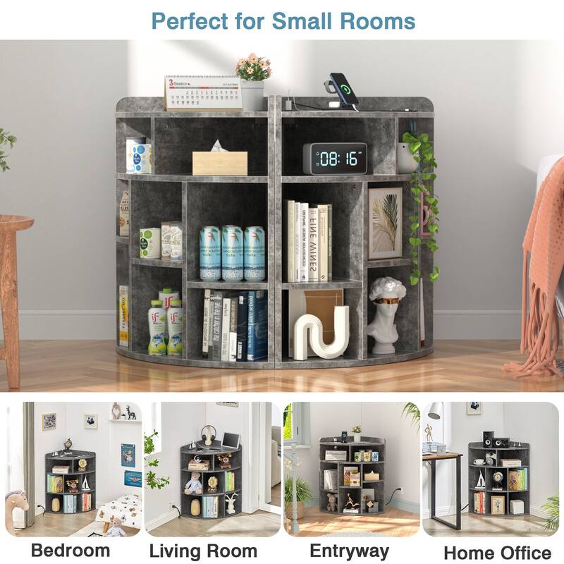 VECELO 4-Tier Adjustable Corner Bookshelf with Charging Station 3 AC Outlets & 2 USB Ports Waterproof Eco-Friendly Design