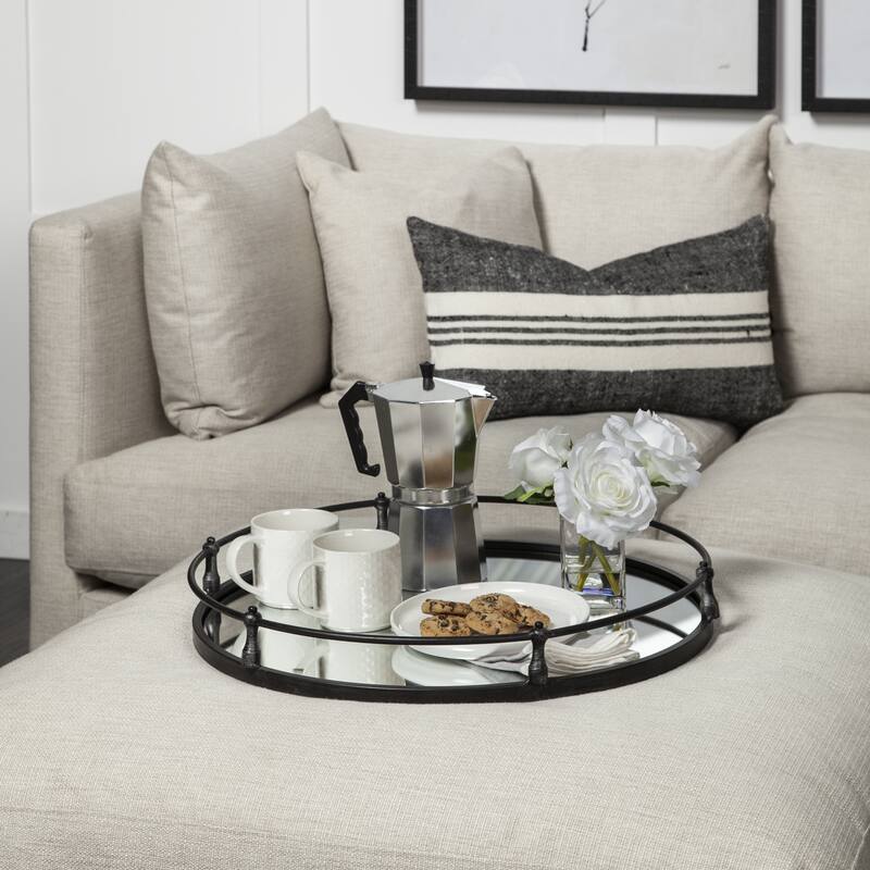 24" Natural Finish Metal With Mirrored Glass Bottom Round Tray - 5" x 24"