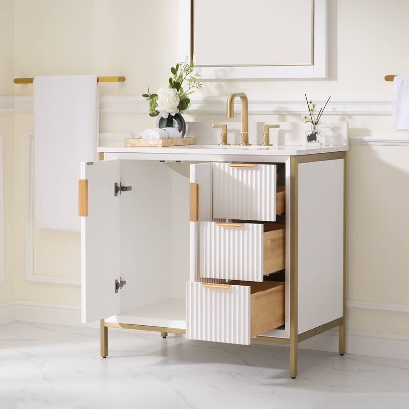 35''H Solid Wood Bathroom Vanity With Carrera White Quartz Top and Sink,White