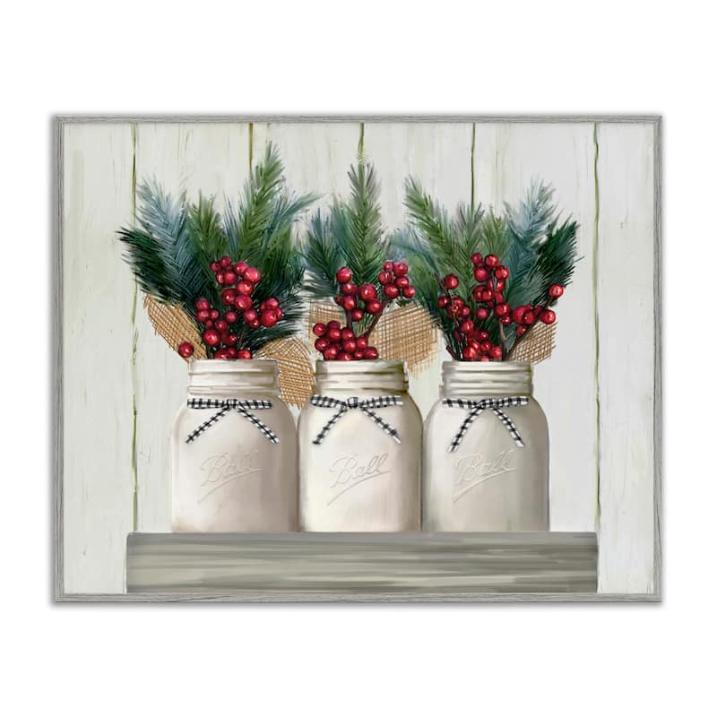 Stupell White Country Jars with Christmas Berry Bouquets Framed Wall Art - Multi-Color - 11 x 14 - Grey