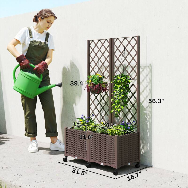 Outsunny Planter Box with Trellis, Self Watering Raised Garden Bed with Lockable Wheels, 56.3" Trellis Privacy Planter