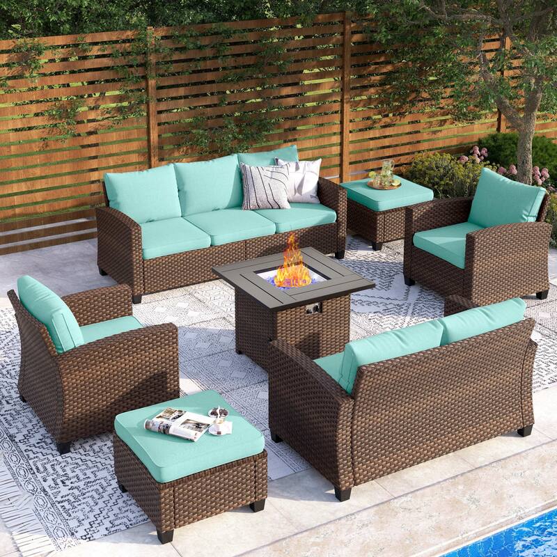 9-Seat Patio Furniture Wicker Rattan Outdoor High-back Sectional Sofa Conversation Set with Firepit Table - 9 Seats + 32" Fire Pit - Lake Blue