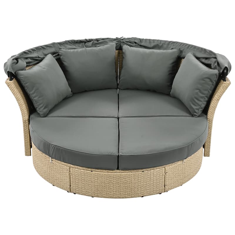 Outdoor 57" PE Rattan Round Daybed Sunbed with Canopy & 4 Pillows
