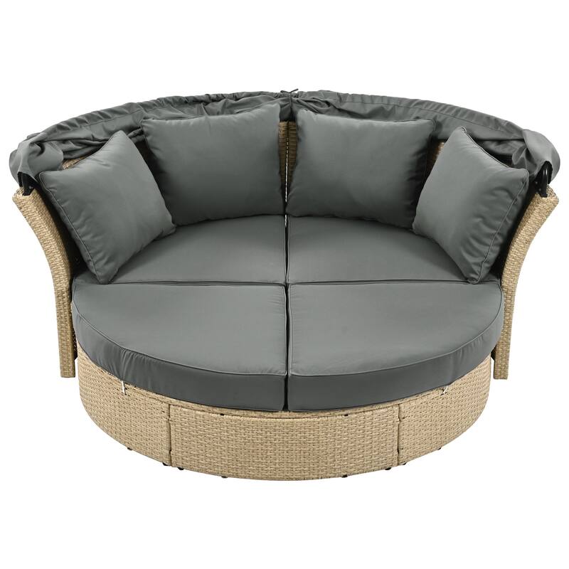 Outdoor Wicker Rattan Double Daybed Round Sofa Furniture Set w/Retractable Canopy,4 Pillows for Patio,Garden