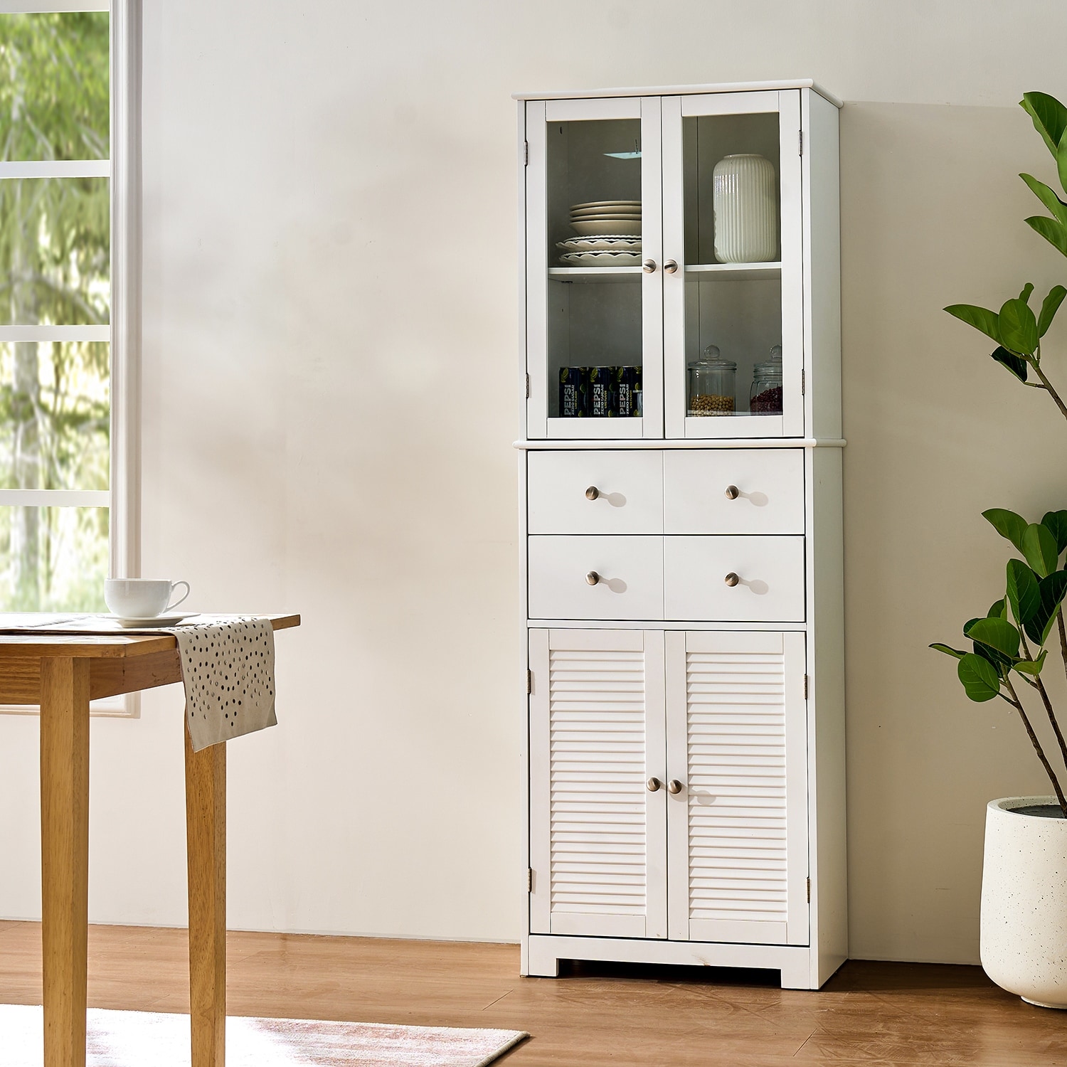 67" Tall Pantry Cabinet with Drawer, Glass Door Buffet Sideboard Cabinet, Linen Tower Storage Cabinet for Kitchen Bathroom