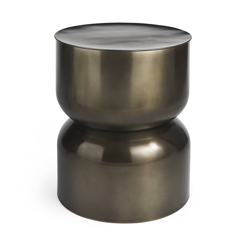 HomeRoots 20" Antiqued Gold Iron Round Cinched Drum End Table - 17.00 in. x 20.00 in. x 17.00 in.