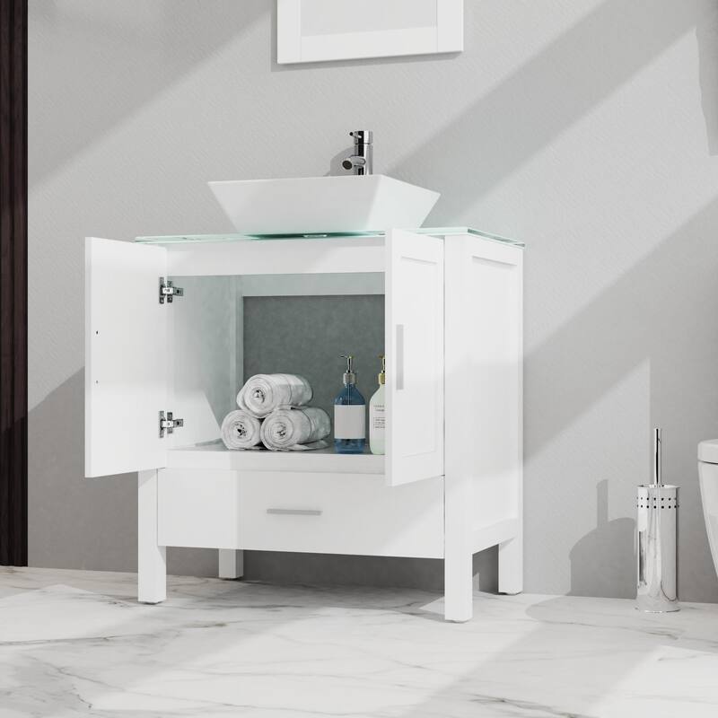 30" Bathroom Vanity Combo with Glass Top and Ceramic Sink, Soft-Close Cabinet and Drawer, Mirror Included