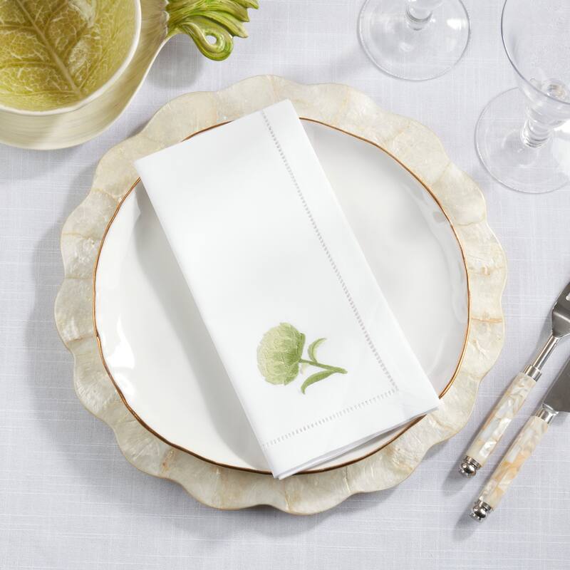 Artichoke Embroidered Cotton Decorative Napkins (Set of 6) - Classic Hemstitch Border with Vegetable Motif, 20"x20"