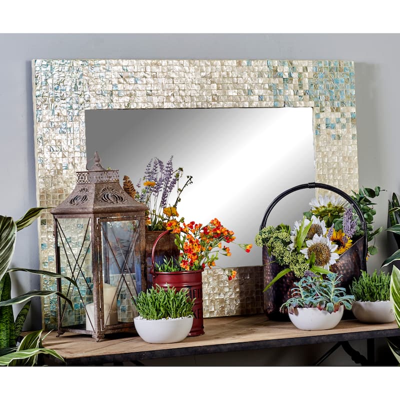 Mother of Pearl Shell Handmade Mosaic Wall Mirror with Blue Corners - Cream - Roche River Decor