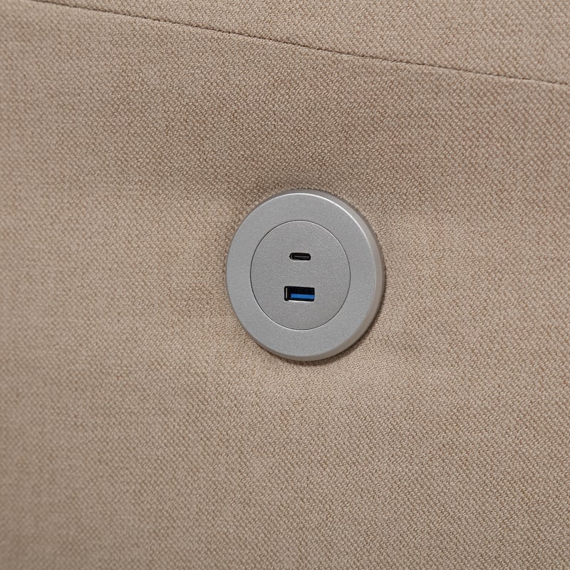 Khaki Modern 79" Button Tufted Linen Upholstered 3-seater Sofa with 2 USB Ports and Solid Square Plastic Foot