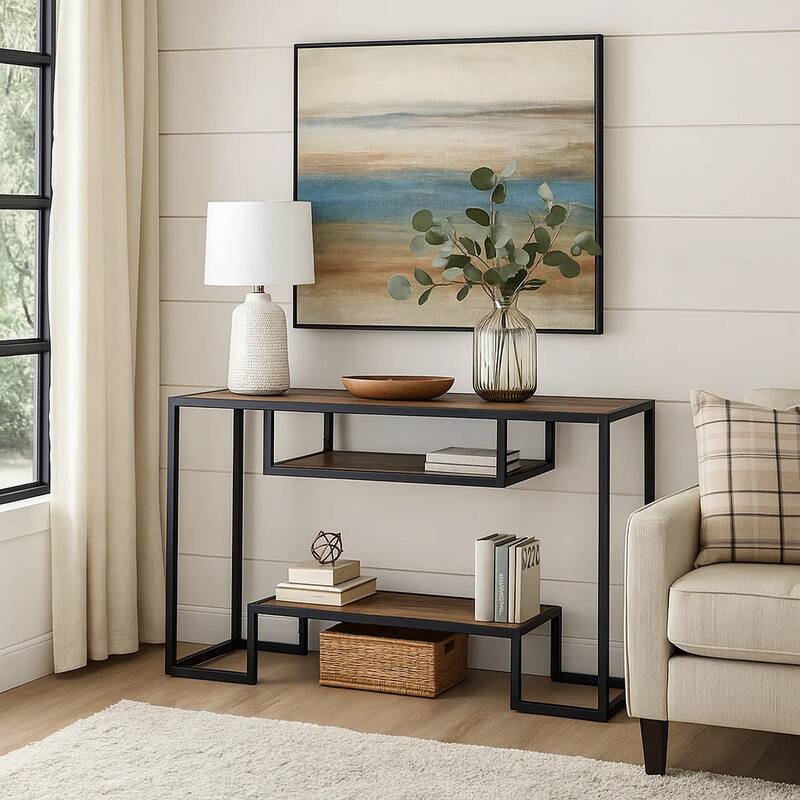 Lea 48 Inch Wood Sideboard Sofa Table, Grain Details, Metal, Rustic Oak