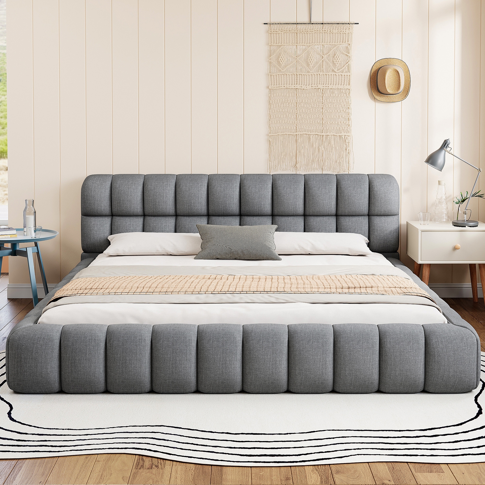 King Size Upholstered Platform Bed with Headboard for Bedroom