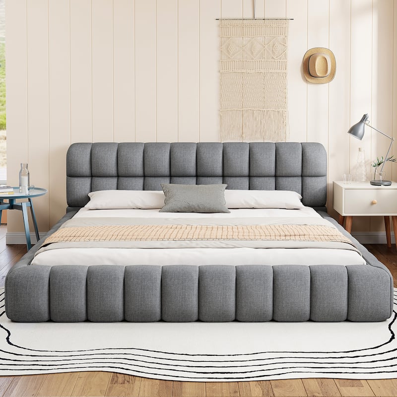 Modern Grounded Bed Frame Linen Fabric Upholstered Platform Bed Frame with Soft Headboard, No Box Spring Needed, Easy Assembly - Gray - King