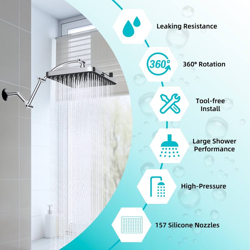 High Pressure 5-Spray 13" Shower Head with 16" Shower Extension Arm