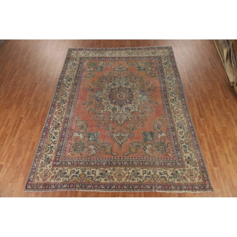 Vegetable Dye Tabriz Persian Vintage Area Rug Handmade Wool Carpet - 9'5" x 12'3"