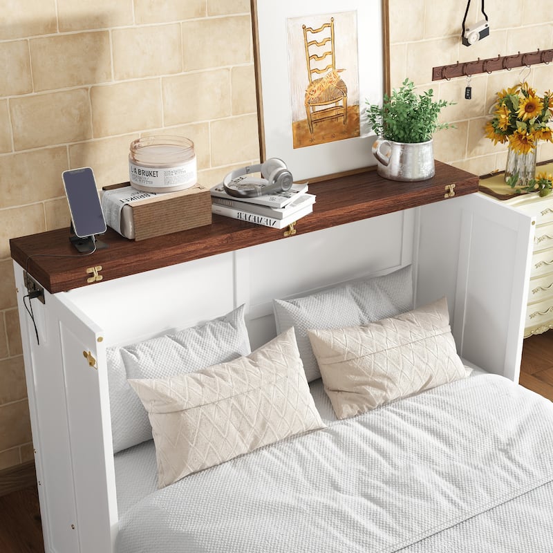 Murphy Bed Cabinet Full with Storage Drawer and Charging Station, USB Port, Solid Pine Murphy Bedframe for Home Office