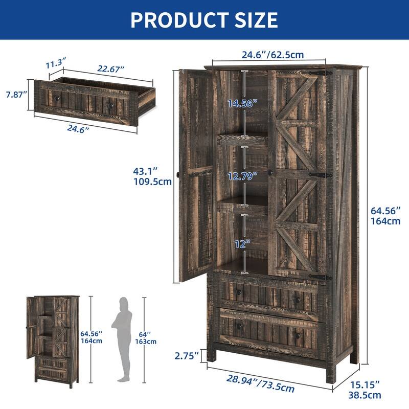 Moasis 64" Farmhouse Tall Kitchen Pantry Storage Cabinet with 2 Drawers & Doors