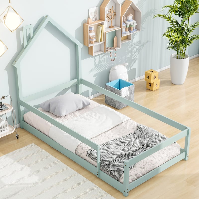 Whimsical Twin Bed with House Design and Safety Guardrails