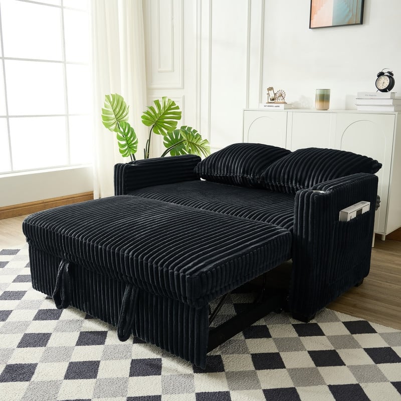 Corduroy Sleeper Sofa w/ USB Ports, Convertible Pull-Out Sofa Bed, Modern Sleeper Couch Loveseat w/ 2 Pillows & Pocket