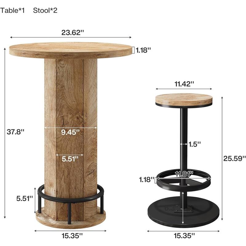 Industrial Round Bar Table with 2 barstools, Pub Table for Kitchen Nook, Apartment, Small Space