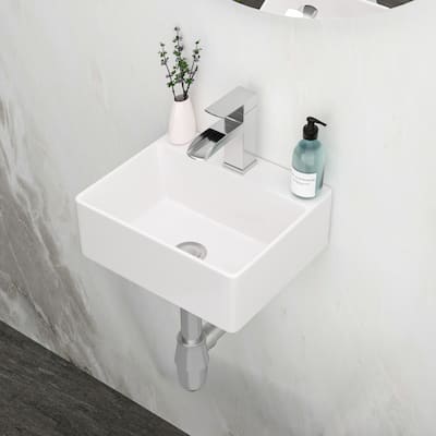 White Ceramic Rectangular Wall Mounted Bathroom Sink with Faucet Hole
