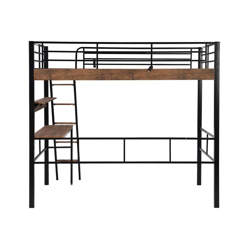 Full Size Metal Loft Bed with Built-in Desk and Storage Shelf, Black