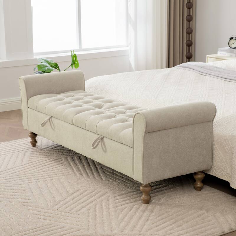 65.7"W Tufted Upholstered Storage Bench With Double Lids,Rubberwood Legs