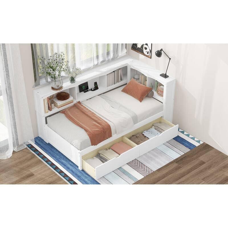 Twin Size Daybed with Storage Drawers, Cabinets and USB Charging Ports in White