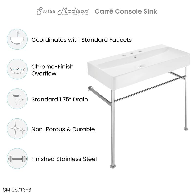 Swiss Madison SM-CS713-3 Carre 35-5/8" Rectangular Ceramic Console - Glossy White / Chrome