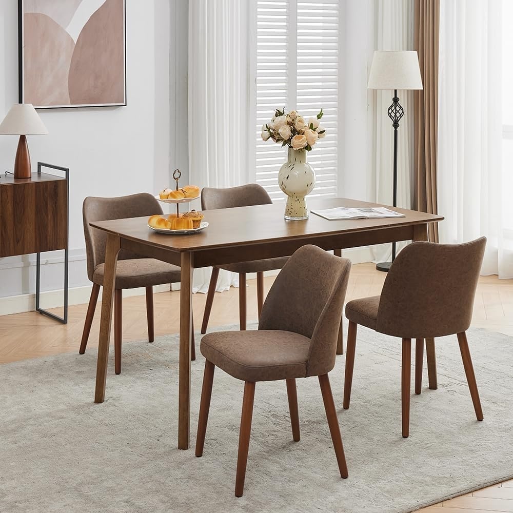 Linen Dining Chair Upholstered Fabric Dining Chair with Wood Legs, Wing Backrest, Wooden Kitchen Chairs