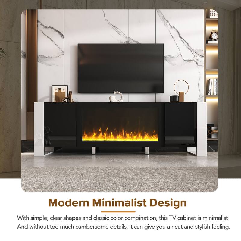 Modern High Gloss Finish V Stand with 34.2" Non-heating Electric Fireplace, Entertainment Center with 2 Cabinets