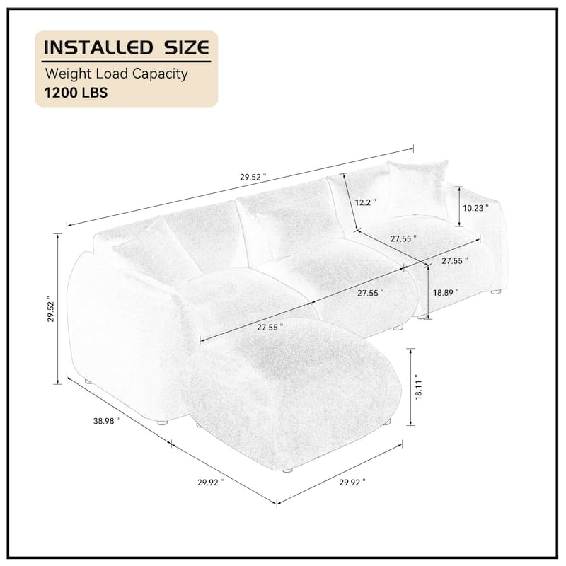 Upholstered Comfortable Soft Lamb Down White Sectional Sofa Couch with Ottoman