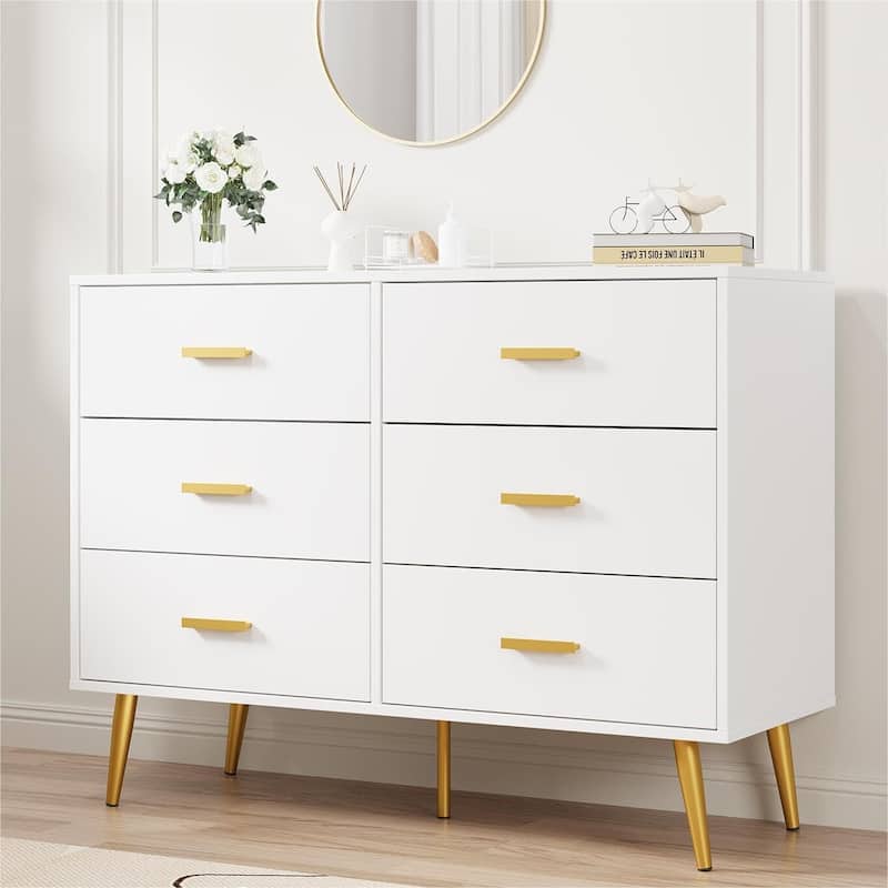 Modern Wooden 6 Drawer Dresser with Vintage Pattern Design