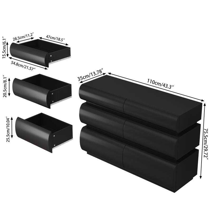 Modern 6-Drawer Dresser for Bedroom Handleless Chest Wide Storage Cabinet Minimalist MDF Drawer Organizer