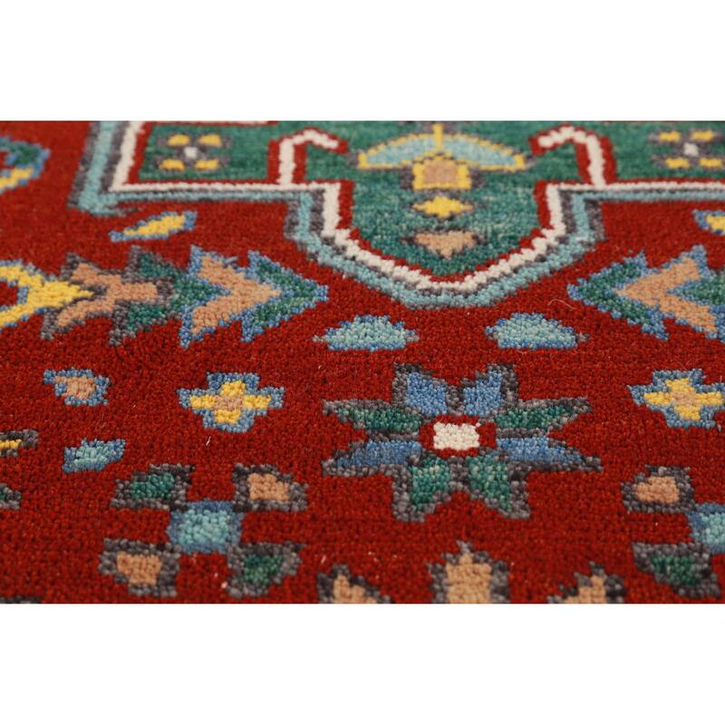 Red Geometric Khotan Indian Runner Rug Hand-Knotted Wool Carpet - 2'7"x 7'8"