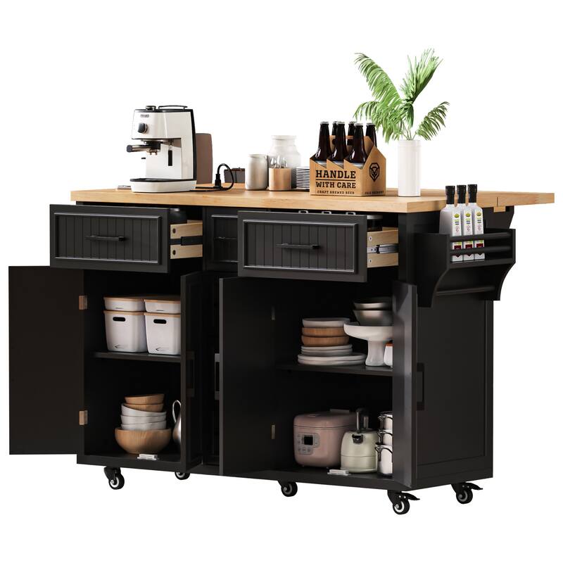 56.5'' Rubber Wood Kitchen Island with Drop Leaf, Power Outlet, Rolling Wheels, 5 Deep Drawers and Adjustable Shelves